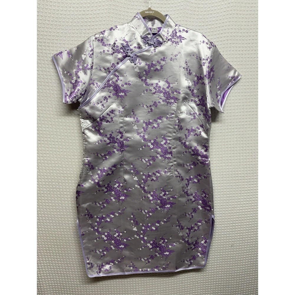 Vintage Purple Periwinkle Cheongsam Qipao Dress Satin Floral Women's XL/46 LKNW